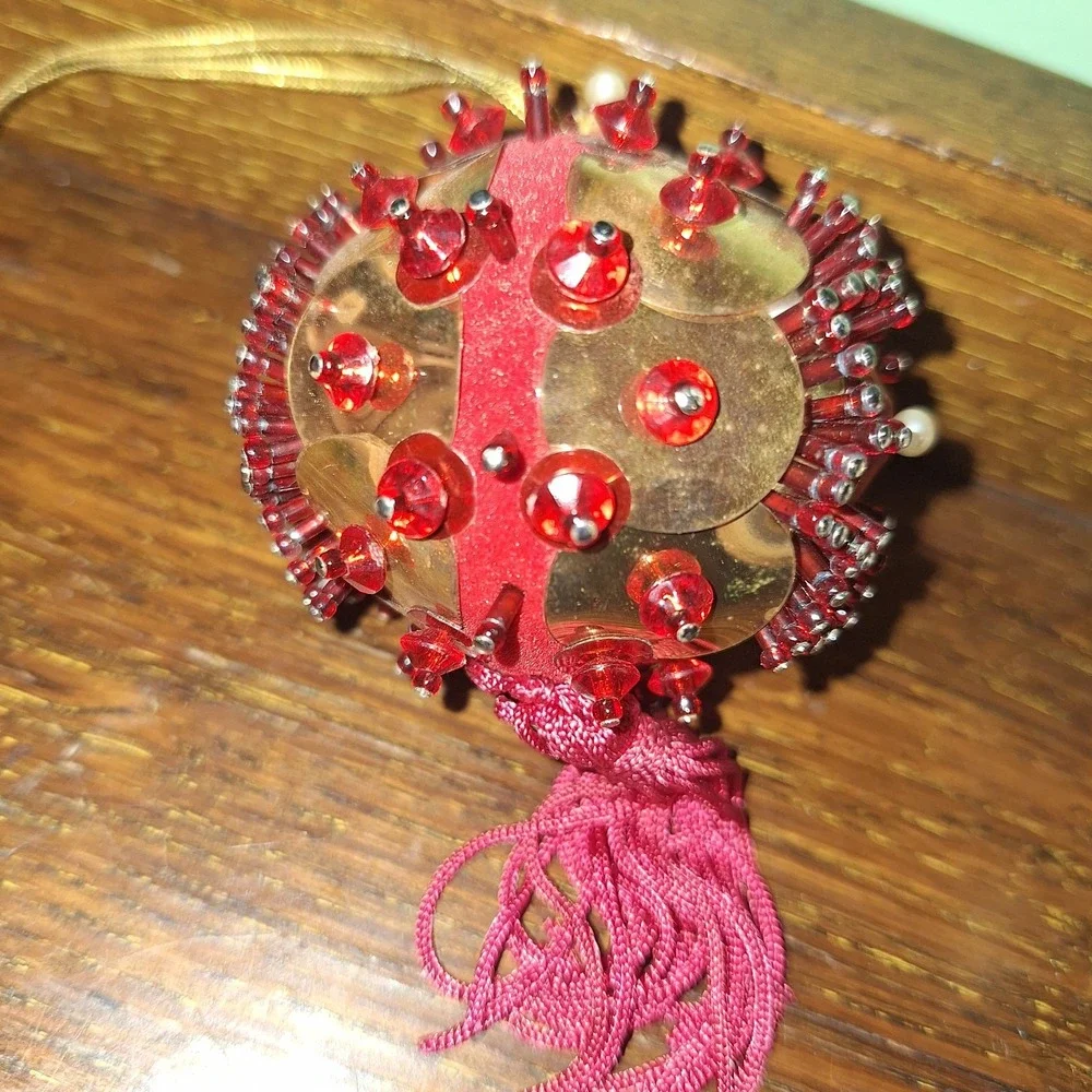 Beaded Satin Sequin Push Pin Ornament Red Ball White Blue Egg Vintage Christmas